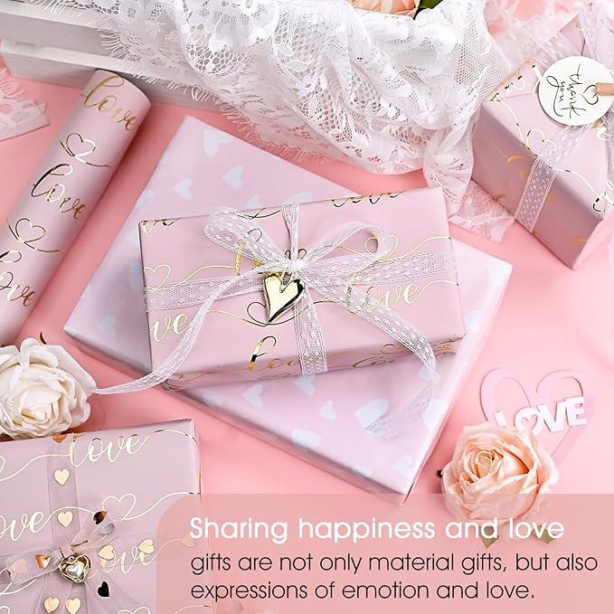 Afucus Pink Gold Foil Love Wrapping Paper, Reversible Mini Roll Gift Wrapping paper for Valentine's Day, Mother's Day, Wedding shower for brides (17 Inch X 33 Feet)