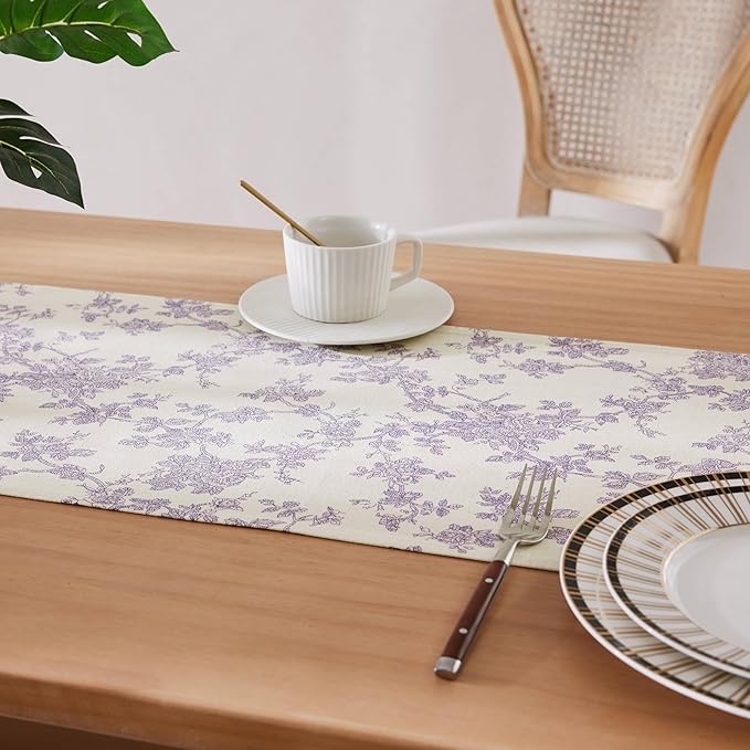 100% Cotton French Pastoral Table Runners, 13x36 Inch Purple Farmhouse Table Runners 36 Inches Long, Vintage Flowers Print Home Decors