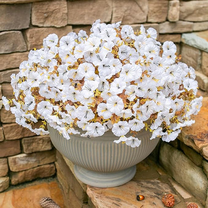 Fake Mums Artificial Fall Flowers Fake Plants for Outdoors Autumn Decor, 12 Bundles White Silk Morning Glory with Eucalyptus Look Real UV Resistant Faux Flowers for Outside Planters Front Door Yard