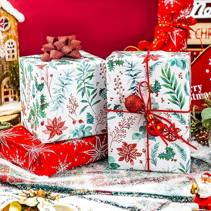 Yarcony Christmas Wrapping Paper, Holly Wrapping Paper, Vintage Watercolor Poinsettia, Floral Botanical & Winter Green Pattern Neutral Christmas Gift Wrap for Holiday, Celebration (17 Inch x 33 Feet)