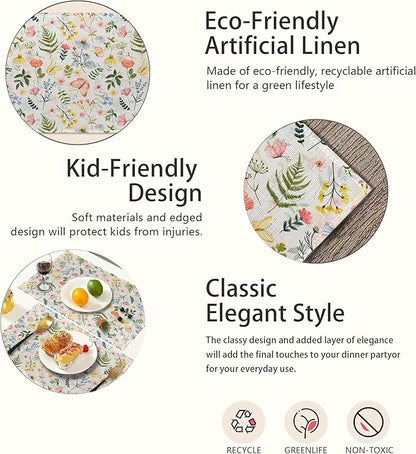 Cute Wildflower Placemats Set of 6,Herb Butterfly Floral Linen Washable Kitchen Dining Table Mats Heat Resistant Place Mats for Home Party Indoor Holiday 12x18 Inch
