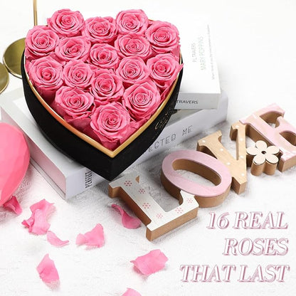 Preserved Roses Flowers for Delivery 16 Pcs, Forever Flores in Heart Box with Necklace, Eternal Rose Anniversary Birthday Gift for Women Wife Girlfriend, Rosas for Valentines Christmas, Pink