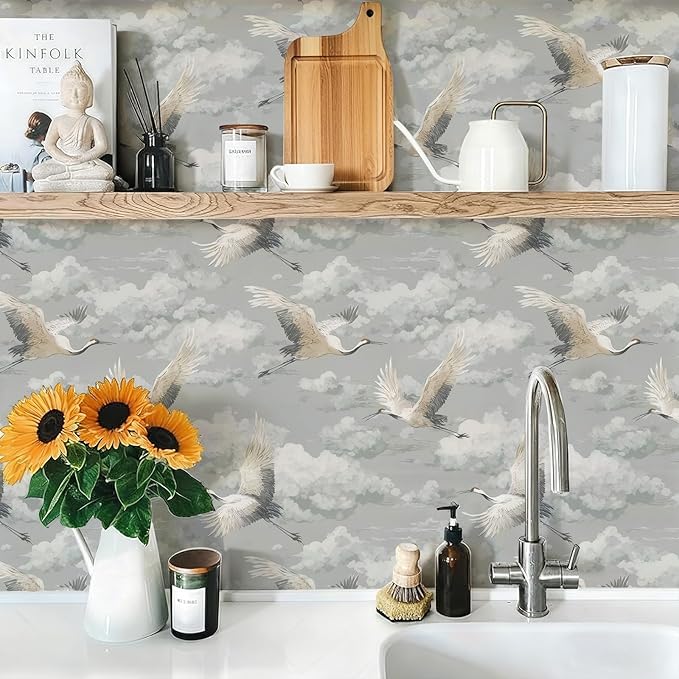 Peel and Stick Vintage Chinoiserie Animal Contact Paper Removable Grey Crane Wallpaper 17.7" x 118.11" Wall Paper Watercolor Self Adhesive for Classroom Bedroom Laundry Room Bathroom