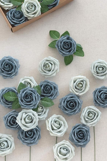 Ling's moment Artificial Flowers 50Pcs Dusty Blue & Navy Roses Decor w/Stems,3" Real Touch DIY Foam Floral for Wedding Bouquet/Centerpieces, Outdoors Party Backdrop, Room/Table, and Garden/Pot Decor