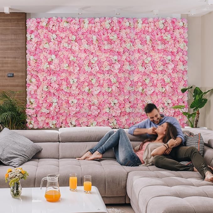 Artificial Flowers Wall Backdrop 16pcs 16.5x16.5 Inch Silk Rose Floral Wall Panel Decor Ideal for Wedding Celebrations, Festive Party Birthday Backdrops and Elegant Home Decor- Pink