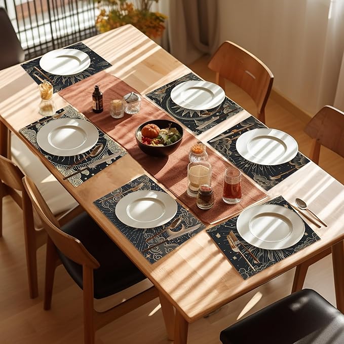Moon Sun Zodic Placemats Set of 6,Washable Heat Resistant 12×18 Inch Linen Table Mats Witch Place Mats for Party Outdoor Dining Décor