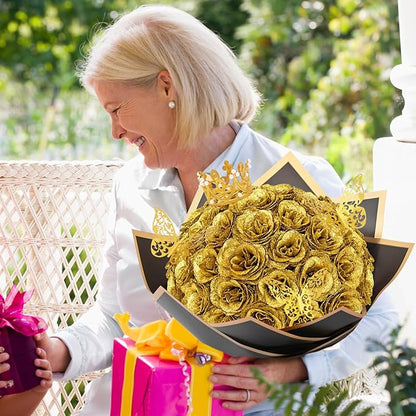 Waipfaru Glitter Roses Bouquet, DIY Fake Flowers Bouquet, Birthday Gifts for Women Mom, 24 Pcs Gold Rose for Grandma Wife Girlfriend Valentines, Mothers Day, Anniversary, Graduation