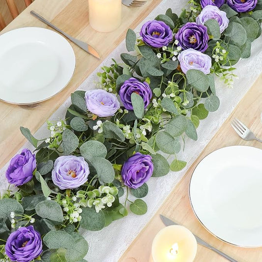 TOCHGREEN 2 Pack 13Ft Artificial Eucalyptus Flower Garland with Purple Roses, Fake Rose Flower Greenery Garland Floral Vines for Wedding Home Party Table Runner Decor (Purple, 2PCS)
