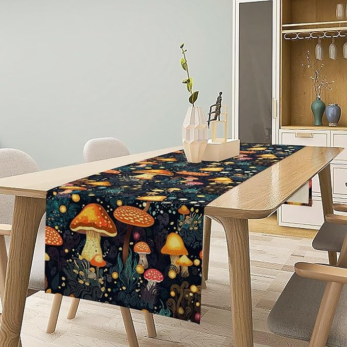 Mushrooms Forest Table Runner, Fairy Woodland Wildflower Herbs Plants Colorful Botanical Natural Farmhouse Table Runner for Kitchen Dining Table Decor, 13x60inch