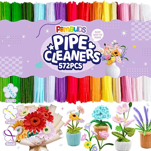 572 PCS Pipe Cleaners Flower Kit, 13 Colors Chenille Stems with Floral Wires, Stamen, Tapes, Dot Glue, Instruction & Gift Box – DIY Craft Set for Handmade Bouquets