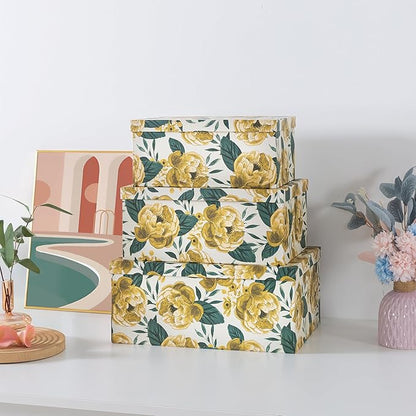 Soul & Lane Decorative Cardboard Storage Boxes with Lids for Home Decor and Organization, Set of 3 Large Keepsake Boxes for Memories & Gifts, Nesting Floral Photo Storage Containers, Golden Peony