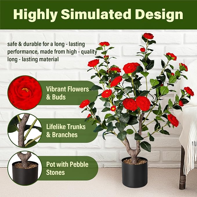 Artificial Camellia Tree,2Pack 3FT Faux Red Camellia Plants in Pots,Lifelike Artificial Flower Trees for Indoor Outdoor Home Decor,Realistic Blooming Faux Plants for Living Room Porch Patio Office