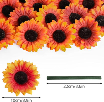 40pcs Fake Sunflower Heads with Stems, 4" Fall Sunflower Artificial Silk Flower Heads for Party Baby Shower Wedding Making Handicrafts Home Fall Decor(Fall Orange)