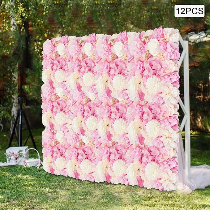 12pcs Artificial Flower Panels, 3D Floral Mat Silk Hydrangea Rose Floral Panel for Wedding Backdrop Wall Decor Shop Photo Backdrop, Festival & Event Wall Décor (15 x15in, Pink)