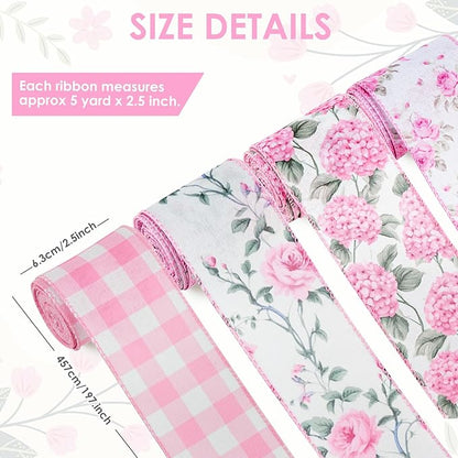 4 Rolls Pink Floral Wired Ribbon Set - 2.5 Inch Wide, 20 Yards Total – Rose Patterned Pink and White Vintage Satin Ribbon for Crafts, Spring, and Floral Decor, Mother's Day Gift for her