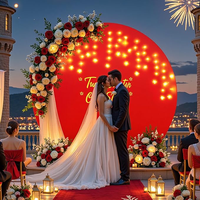 6.6 FT Red Round Backdrop Cover with Lights String for Circle Arch Stand Circle Backdrop Covers with LED Fairy Lights for Wedding Arch Baby Shower Birthday Party Photo Shoot Photography Background
