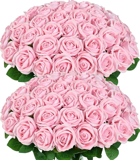 BLEUM CADE 50 Pcs Pink Roses Artificial Flowers, Real Touch Velvet Roses Fake Flowers Bulk, Artificial Roses Bouquet with Long Stems Bridal DIY Wedding Party Centerpiece Decorations