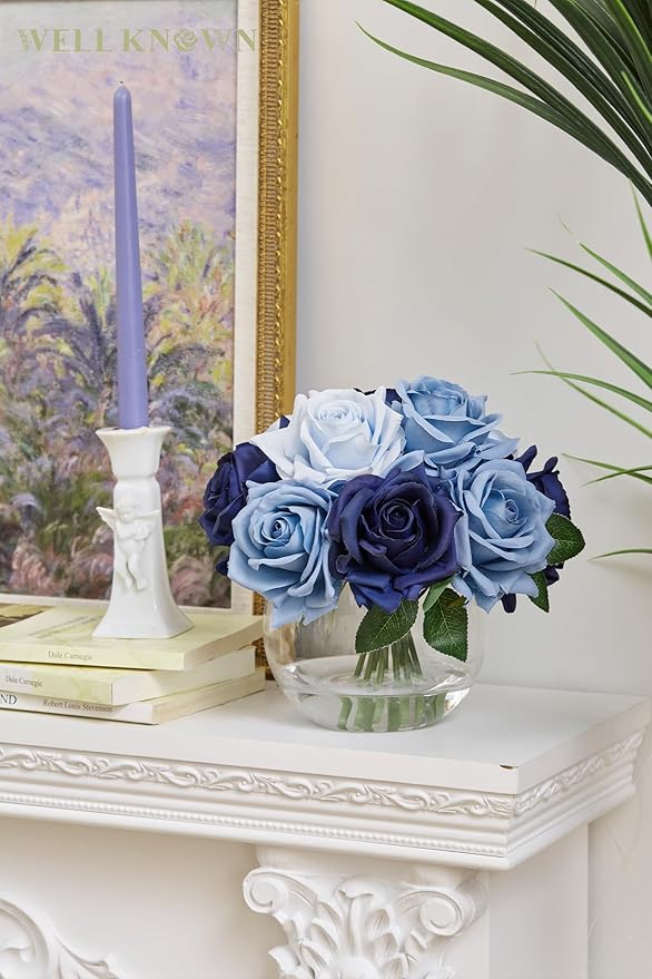 WELL KNOWN Silk Rose Artificial Flowers with Vase Artificial Rose Flower Arrangements in Round Bowl Vase with Faux Water for Home Table Decoration (Bicolor Blue)
