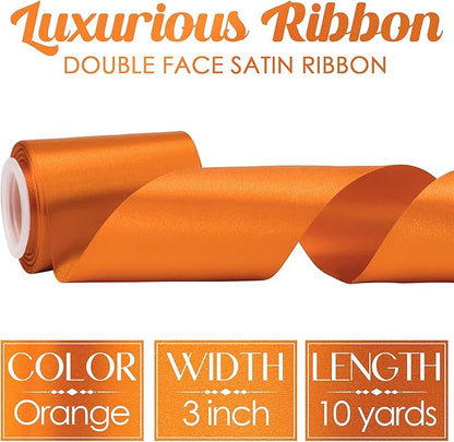 MEEDEE Orange Satin 3 Inch Ribbon Lux Double Faced Satin Ribbon Autumn Colored Wide Fall Ribbons by 10 Yards Orange Ribbons for Christmas Tree, Weddings, Flower Bouquet, Wreath Bow Making