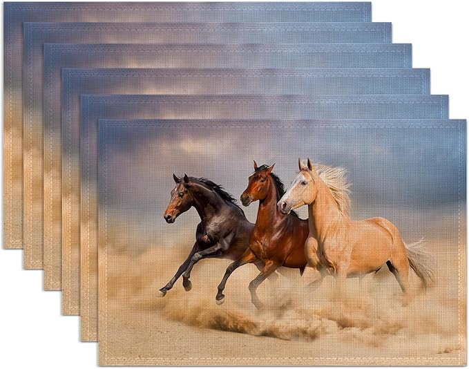 Running Horse Placemats Set of 6,Washable Heat Resistant 12×18 Inch Linen Table Mats Desert Place Mats for Party Outdoor Dining Décor
