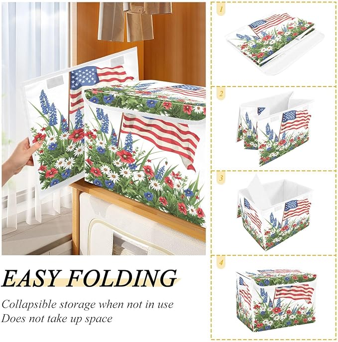 July Fourth Baskets Collapsible Storage Bins with Lids, Wildflowers American Flag Storage Boxes Clothes Baskets for Organizing