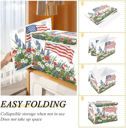 July Fourth Baskets Collapsible Storage Bins with Lids, Wildflowers American Flag Storage Boxes Clothes Baskets for Organizing