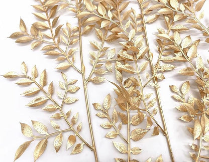 PASYOU Fake Leaves Plants for Christmas Decor, Gold Artificial Shrubs Grass Foliage Plastic Bulk Leaf Indoor Outdoor Home Garden Party Hotel Verandah Wedding Event Faux DIY Decoration - Golden 5 Pack
