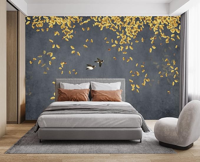 Ginkgo Leaf Flower Bird Wall Mural Wallpaper for Bedroom 103" x 69"
