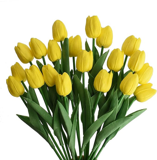 20pcs Artificial Tulips Flowers Fake Faux PU Tulip Bouquet Real Touch Flower Arrangement for Home Room Office Party Wedding Decoration Excellent Gift Idea for Mothers Day (Yellow)
