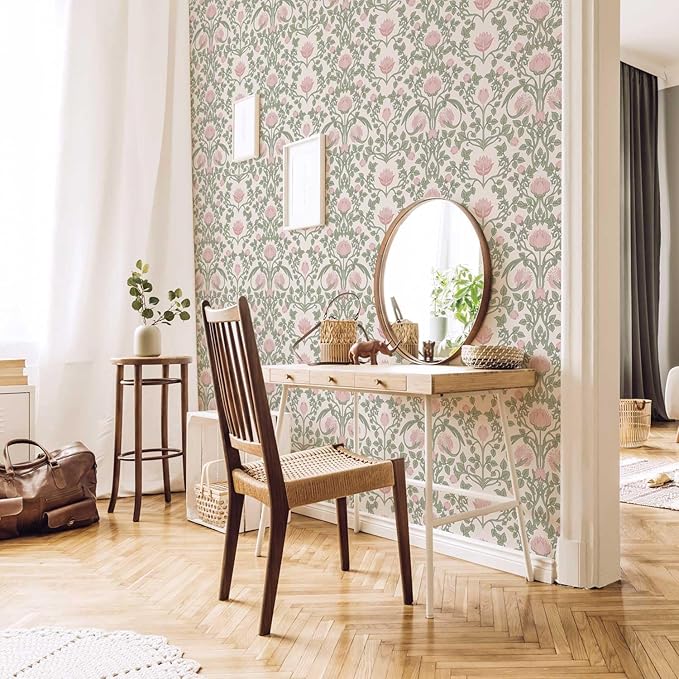 Peel and Stick Wallpaper Pink Floral Damask Wallpaper for Bedroom Decorative Self Adhesive Shelf Drawer Liner