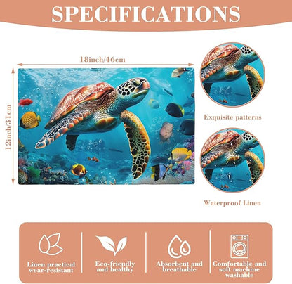 Placemats Set of 4 Sea Turtle and Fishes Dining Place Mats Linen Table Mat for Farmhouse Home Kitchen Decor 12 X 18 Inch