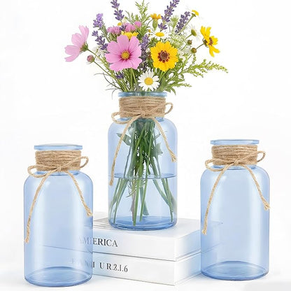 Vintage Glass Flower Vase，3 Pack Farmhouse Blue Glass Centerpiece Vases Mason Jars for Weddings, Parties & Home Decor Bulk (3, Blue)