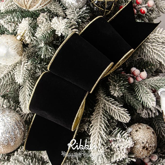 Ribbli Black Velvet Wired Ribbon 4 Inch Luxury Matte Velvet Christmas Ribbon for Gift Wrapping Christmas Tree Decoration Crafts Wreaths Supplies - 10 Yards