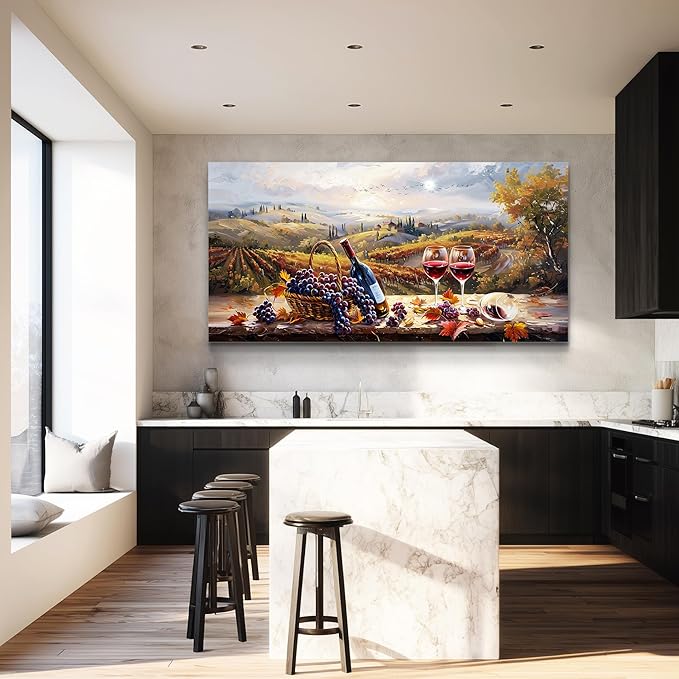 hyidecorart Rustic Wine Large Canvas Wall Art Dining Room Kitchen Still Life Painting Vintage Farmhouse Restaurant Decoration Colorful Artwork Prints for Bar Living Room Posters Landscape Wall Decor