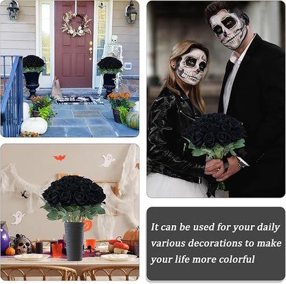 30pcs Fake Roses Artificial Silk Flowers Long Stems Bouquet for Wedding Bridal Shower Party Home Decoration (Black)