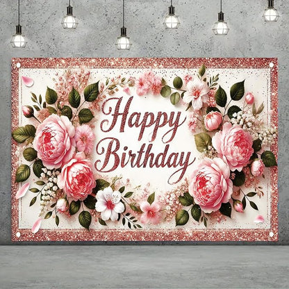 Happy Birthday Backdrop Rose Gold Glitter Peony Floral Banner Birthday Party Decorations Photography Background for Women Girls Wedding Baby Shower Decor Photo Booth Supplies 6x4ft
