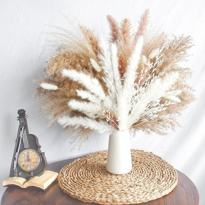 Dried Flower Bouquet - Pampas Grass, Bunny Tails & Preserved Flowers - Boho Chic Home Decor, Rustic Wedding Centerpiece, Farmhouse Style Arrangement, Long-Lasting Gift (113PCS)