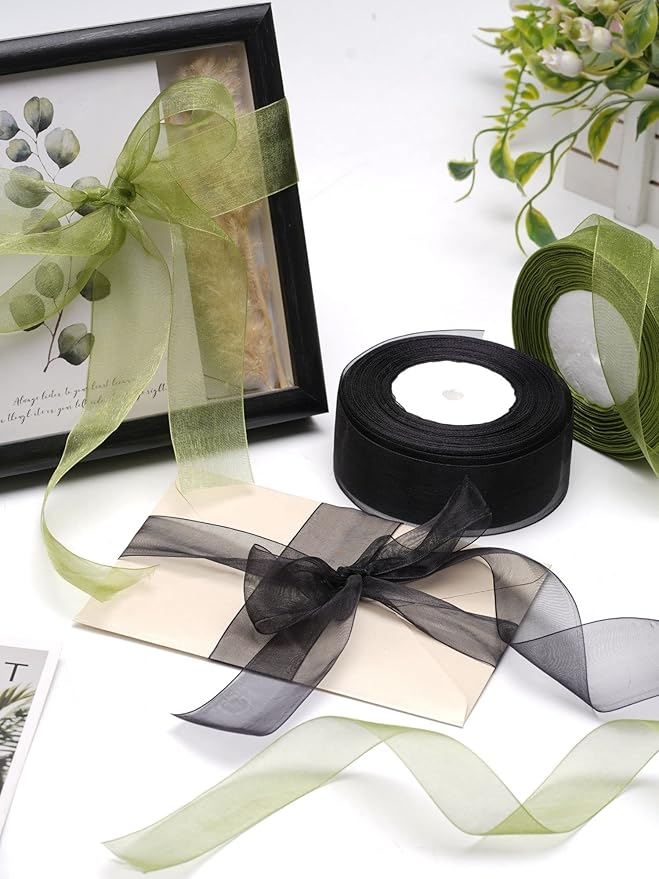 Black Organza Ribbon for Gift Wrapping, FAKILO 2 Inch Shimmer Sheer Wrapping Ribbon for Bouquet, Wedding, Christmas Gift - 50 Yards Each Roll