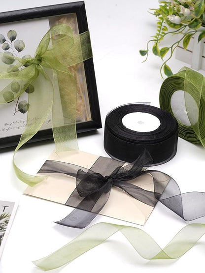 Black Organza Ribbon for Gift Wrapping, FAKILO 2 Inch Shimmer Sheer Wrapping Ribbon for Bouquet, Wedding, Christmas Gift - 50 Yards Each Roll