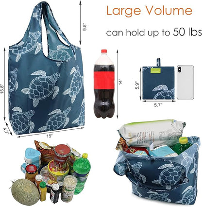 BeeGreen Sea Turtle Reusable Grocery Bags Large Tote Bag With Handles, Bulk Gift Foldable Shopping Bags for Women 6 Pack, Cute Cloth Bag, Heavy Duty, Washable For Beach, Holiday, Travel And Groceries