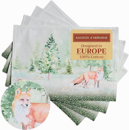 Maison d' Hermine Placemats Set of 4 100% Cotton Washable Cloth Place Mats, Reusable Table Mats for Thanksgiving Christmas Decorations Kitchen Dining Party Wedding (Winter Mornings, 13" x 19")