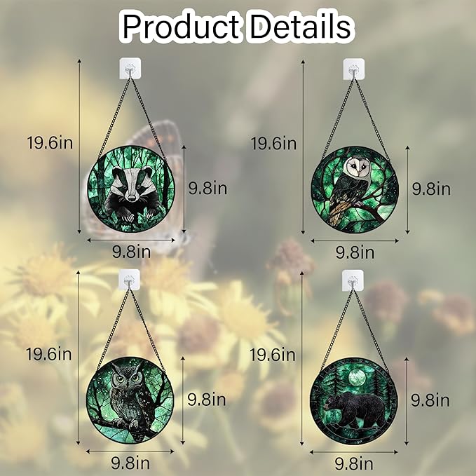 Stained Glass Window Hanging 4 Pcs Set Green Forest Night Sky Wildlife 9.8" - Suncatcher Door Garden Sun Catcher Decor Birthday for Mom Woman Nana Men Friend