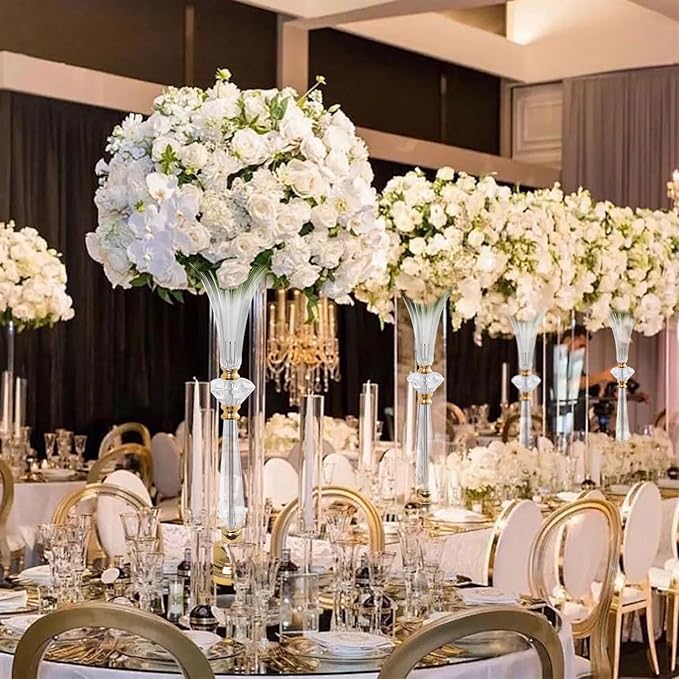 VIJIV Tall Crystal Acrylic Flower Vases for Centerpieces, 23.6" Large Clear Decorative Trumpet Vases, Wedding Flower Stand with Ribbed, Table/Floor Vase for Bridal Showers & Dining Room, Home Décor