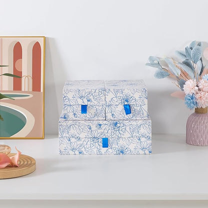 Soul & Lane Blue Floral Decorative Boxes with Hinged Lids and Blue Ribbon Pull - Sapphire Bloom, Set of 3 (One Large and Two Medium Boxes), Cardboard Storage for Photos, Documents, Keepsakes