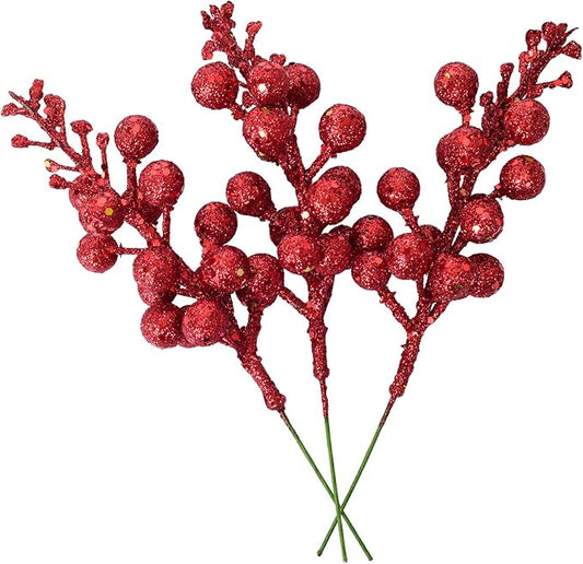DearHouse 14 Pack Christmas Glitter Berries Stems, 7.8Inch Artificial Christmas Picks for Christmas Tree Ornaments, DIY Xmas Wreath, Crafts, Holiday and Home Decor (Red)