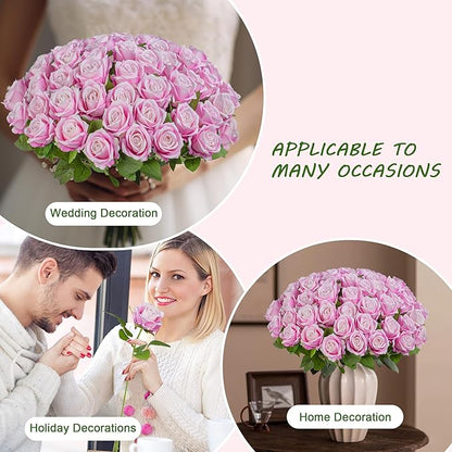 Uqueeten Fake Plants Roses Flowers Plastic Flowers Party Decoration for Home Gifts for Gf Roses Artificial Flowers for Vase Fake Plants Home Decor 19.6"(Deep Pink 50PCS)