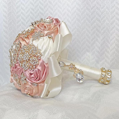 Handmade Satin Rose Floral Bling Pearl Decor Bridal Wedding Bouquet Rhinestone Pendant Artificial Brooch Flowers for Bride Bridesmaid Quinceanera