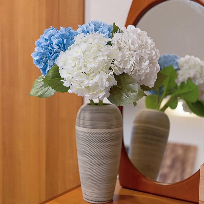 WILD WORKS Hydrangea Artificial Flower Natural Lifelike Real 21 inch Latex Long Stem 2 White+2 Light Blue Hydrangea Flower Bouquets for Christmas Decor Home Party Outdoor Wedding Decoration