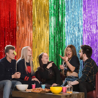 5 Pack Rainbow Party Backdrop Streamers Decorations Colorful Foil Fringe Curtains Metallic Tinsel Backdrop for Birthday First Day of School Engagement Baby Shower Christmas Holiday Party Decor
