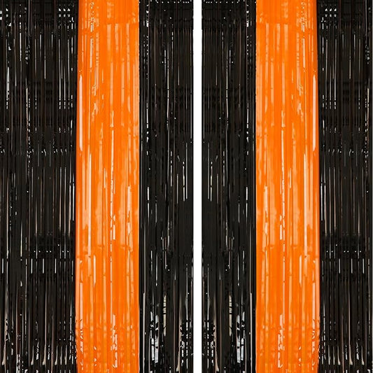 2 Pack Black and Orange Tinsel Foil Fringe Curtain, 3.2Ftx8.2Ft Halloween Backdrop Curtains Photo Booth Props Streamers Christmas Birthday Party Anniversary Wedding Retirement Decorations